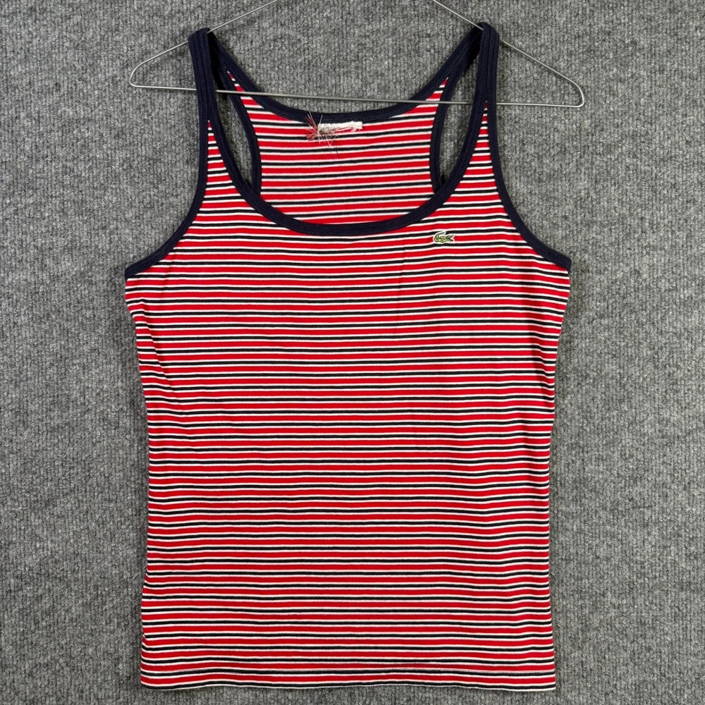 Lacoste Tank Top Womens 42 Vtg Barcelona Red White Blue Striped Racerback Croc